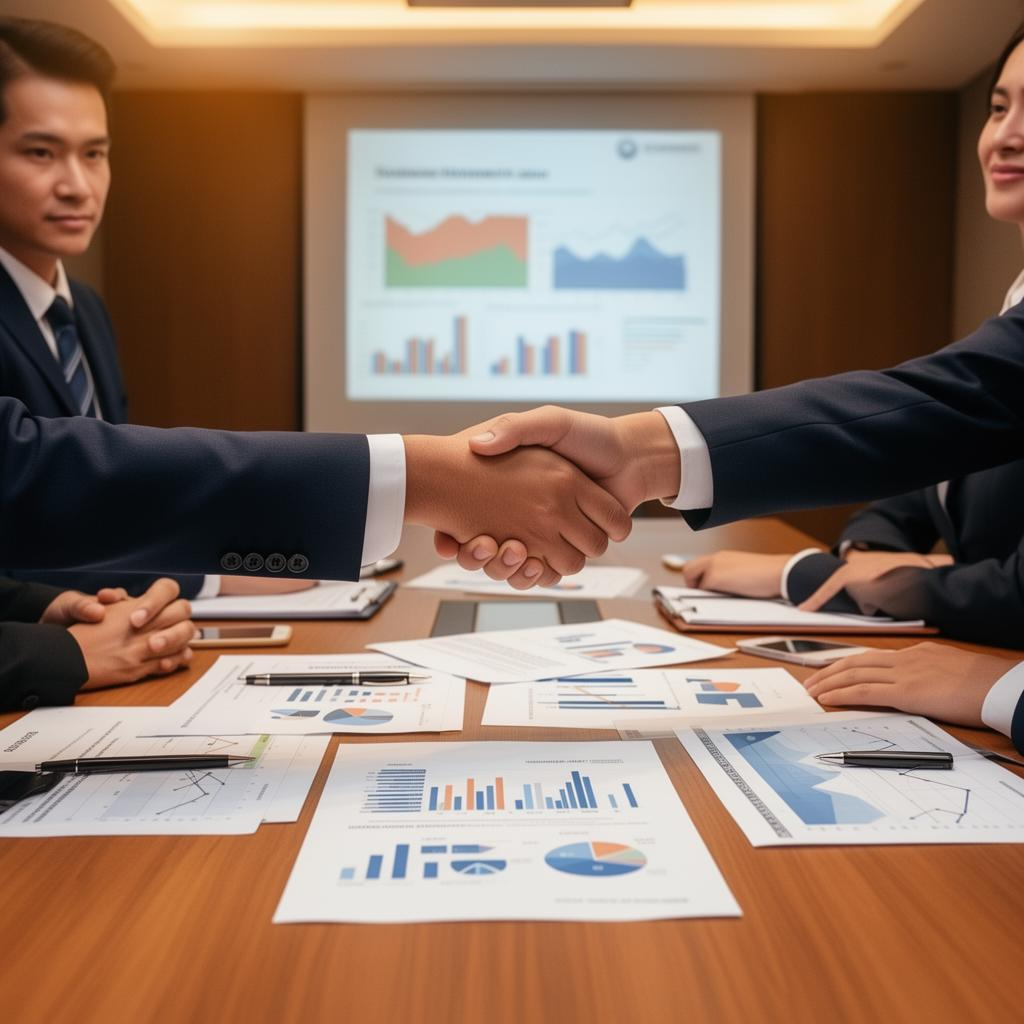 Business professionals finalizing a funding partnership deal with financial documents